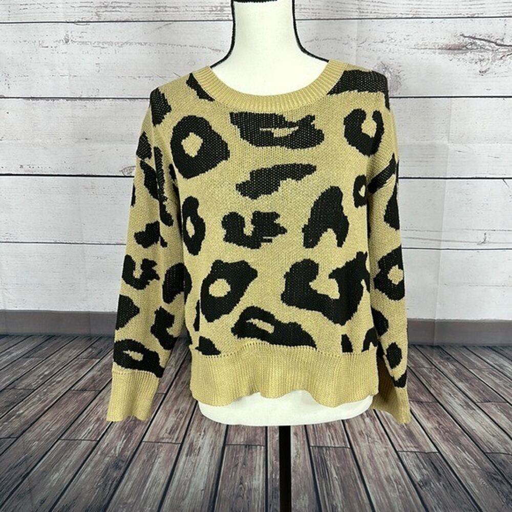 Andree Sweater Womens Small Beige Cheetah Print Boxy‎ Oversized Bold Cropped